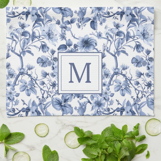 Blue Chinoiserie Toile Pattern Monogram Tea Towel (Folded)