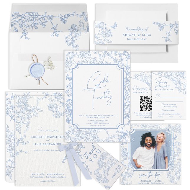 Blue Chinoiserie Toile Wedding Save Date Photo Invitation (Creator Uploaded)