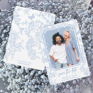 Blue Chinoiserie Toile Wedding Save Date Photo Invitation