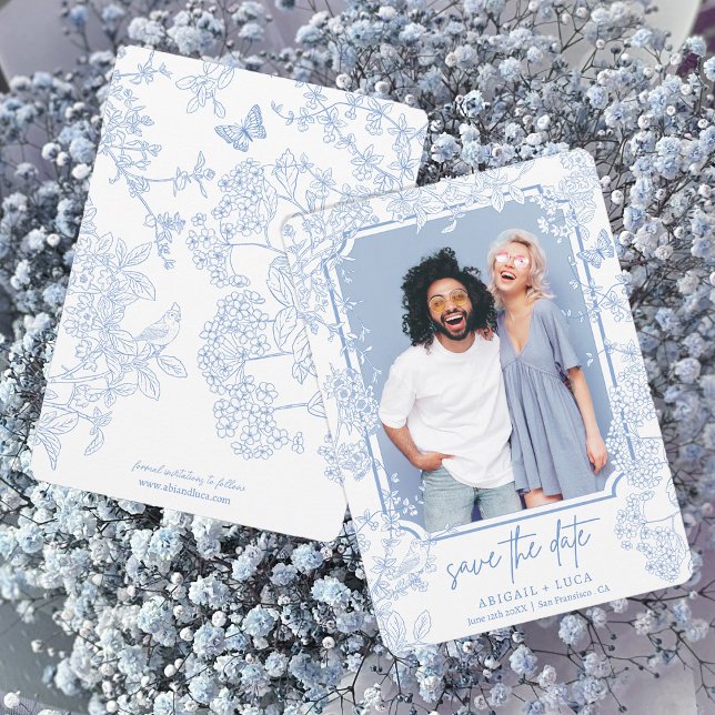 Blue Chinoiserie Toile Wedding Save Date Photo Invitation (Creator Uploaded)