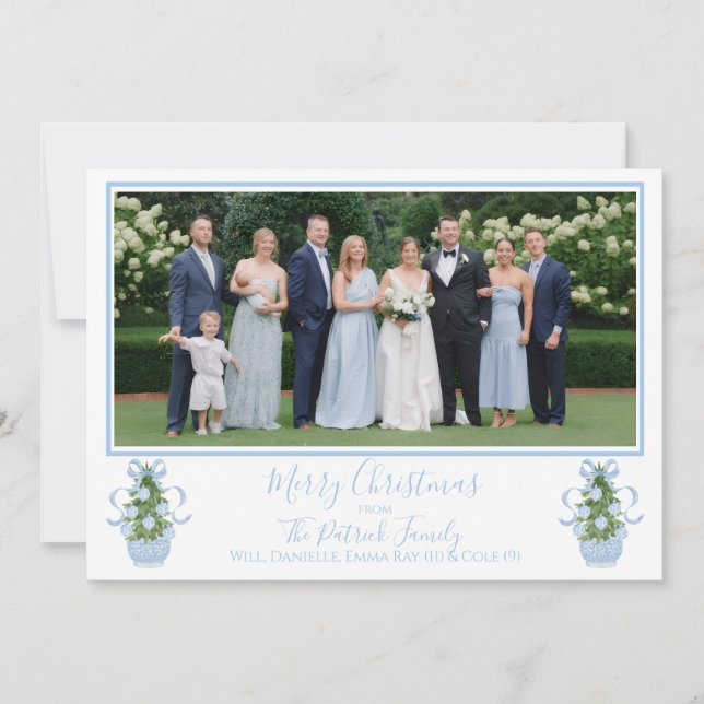 Blue Chinoiserie Tree Christmas Photo Card (Front)