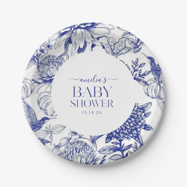 Blue Chinoiserie Victorian Floral baby shower  Paper Plate (Front)