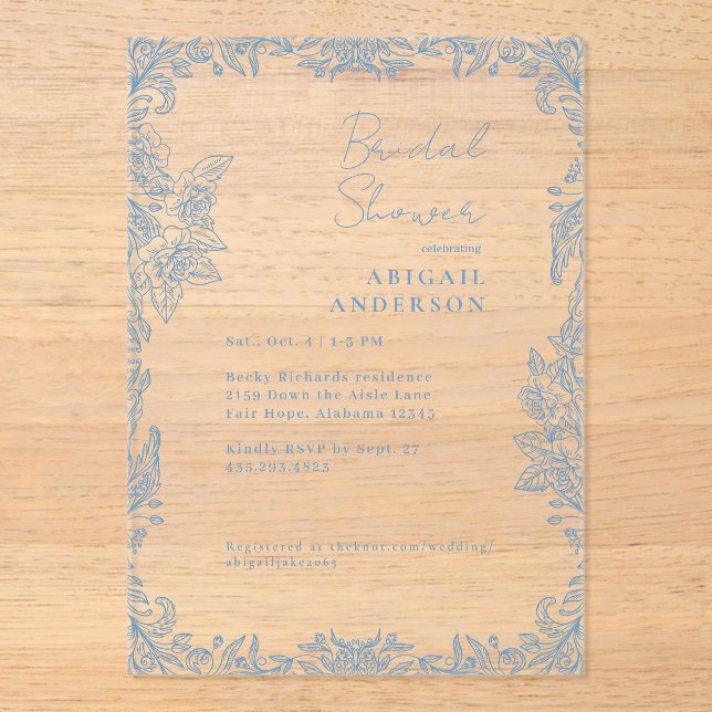 Blue Chinoiserie Vintage Bridal Shower Acrylic Invitations (Front)