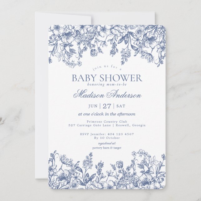 Blue Chinoiserie Vintage Floral Baby Shower Invitation (Front)