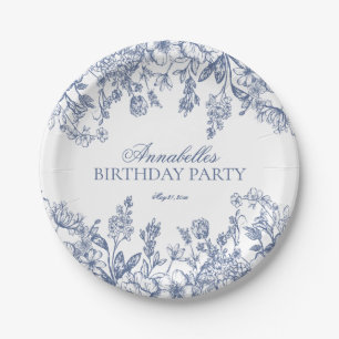 Blue Chinoiserie Vintage Floral Birthday Dessert Paper Plate