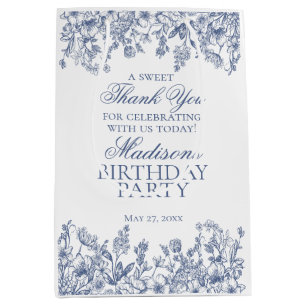 Blue Chinoiserie Vintage Floral Birthday Favours Medium Gift Bag