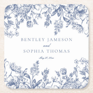 Blue Chinoiserie Vintage Floral Wedding Favors Square Paper Coaster
