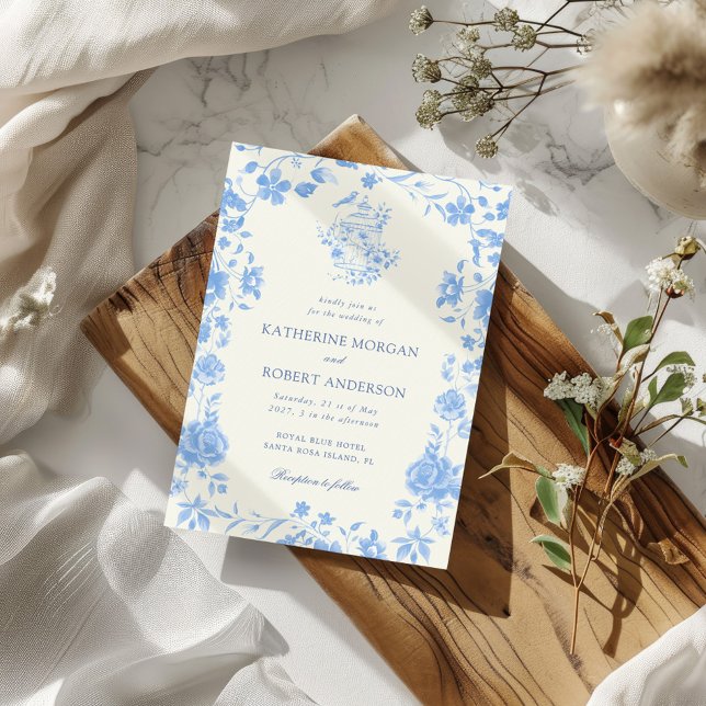 Blue Chinoiserie Vintage Floral Wedding Invitation (Creator Uploaded)