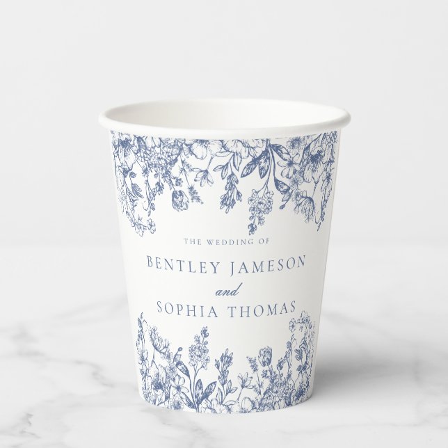 Blue Chinoiserie Vintage Floral Wedding Paper Cups (Back)