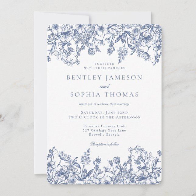 Blue Chinoiserie Vintage French Floral Wedding Invitation (Front)