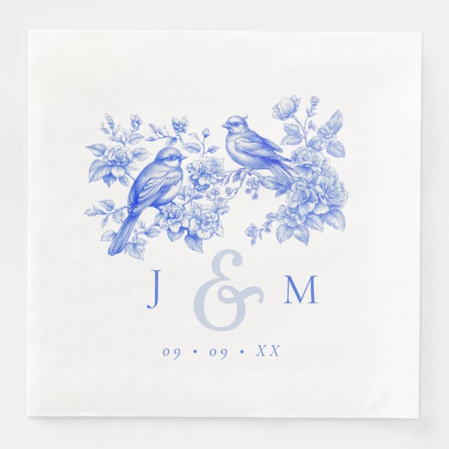 Blue Chinoiserie Vintage Love Birds Wedding Napkin (Front)