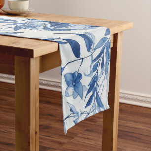 Blue Chinoiserie Watercolor Floral Botanical Short Table Runner