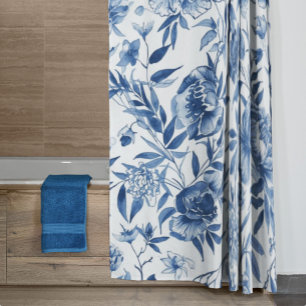 Blue Chinoiserie Watercolor Floral Botanical Shower Curtain