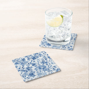 Blue Chinoiserie Watercolor Floral Botanical Square Paper Coaster