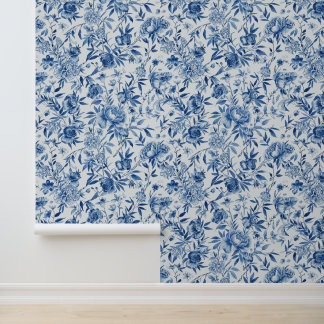 Blue Chinoiserie Watercolor Floral Botanical Wallpaper