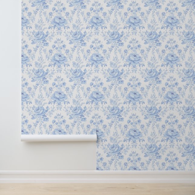 Blue Chinoises Coastal Grandmother Floral Wallpaper (Application)