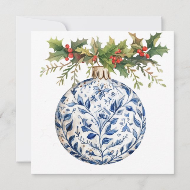 Blue Chinoisserie Ball Ornament with Green Holly Holiday Card (Front)