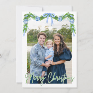 Blue Chinoserie Ornament Green Banner Card
