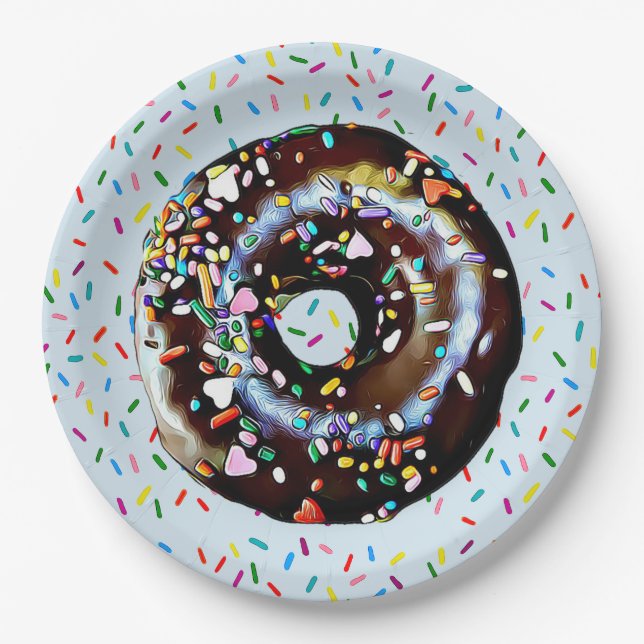 Blue Chocolate Doughnut with Sprinkles  Paper Plat Plate (Front)