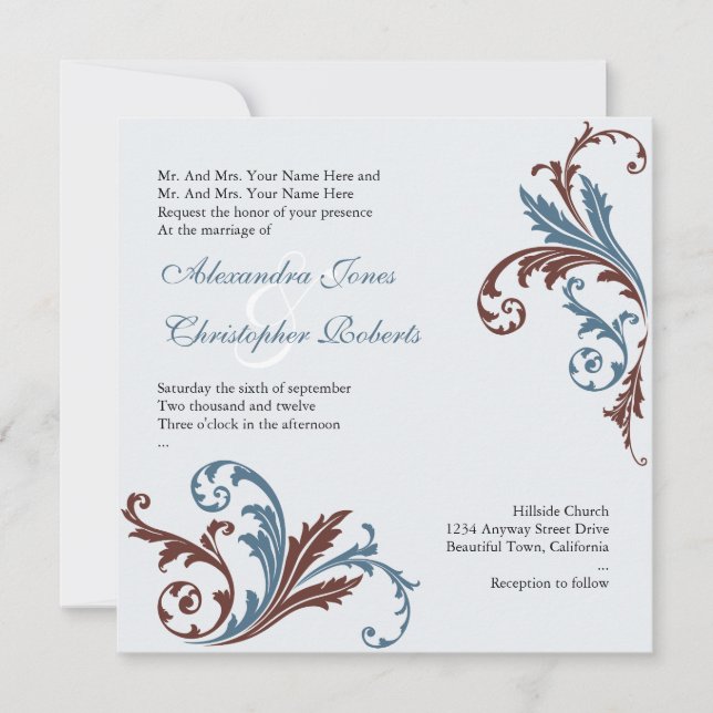 Blue & Chocolate Flower Swirls Damask Elegant Wedd Invitation (Front)