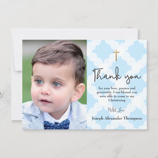 Blue Christening baby boy photo thank you (Front)