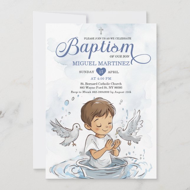 Blue Christening Dove Cute Boy Praying Baptism Invitation (Front)