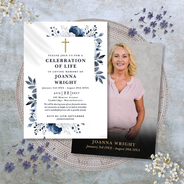Blue Christian Celebration Of Life Funeral Photo Invitation (Blue Christian Celebration Of Life Funeral Photo Invitation)