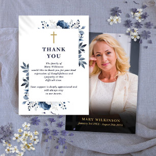 Blue Christian Celebration Of Life Funeral Photo Thank You Card