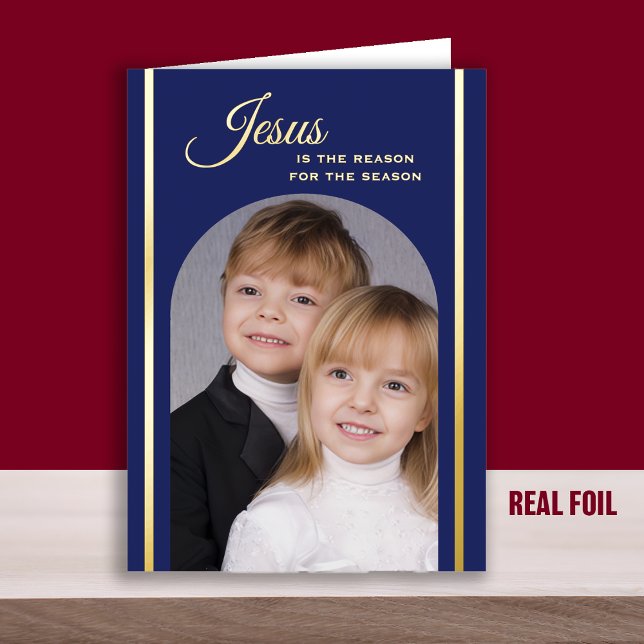 Blue Christian Christmas Photo Gold Foil Card (Creator Uploaded)