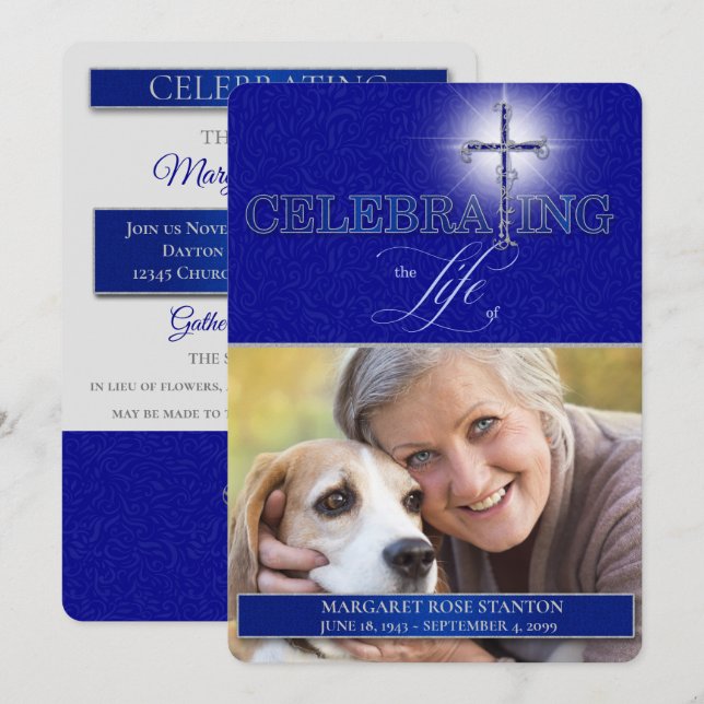 Blue Christian Cross Celebration of Life Photo Invitation (Front/Back)