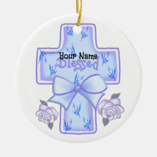 Blue Christian Cross Ceramic Tree Decoration
