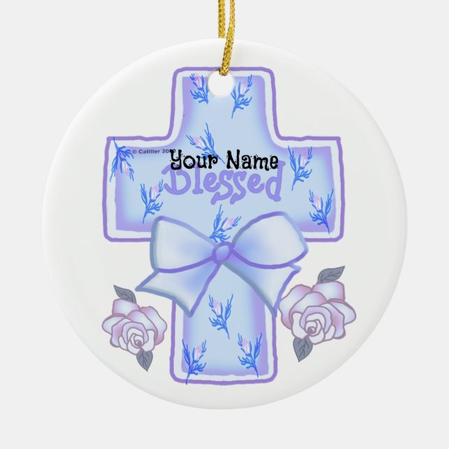 Blue Christian Cross  Ceramic Tree Decoration (Front)
