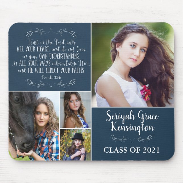 Blue Christian Verse Graduation 4 Photo Collage Mouse Mat (Front)