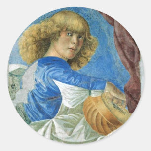 BLUE CHRISTMAS ANGEL MAKING MUSIC CLASSIC ROUND STICKER