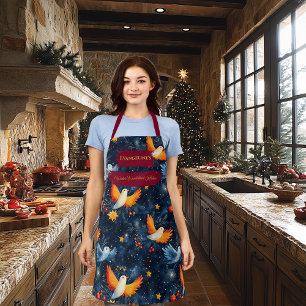 Blue Christmas Apron with Colourful Birds and Star