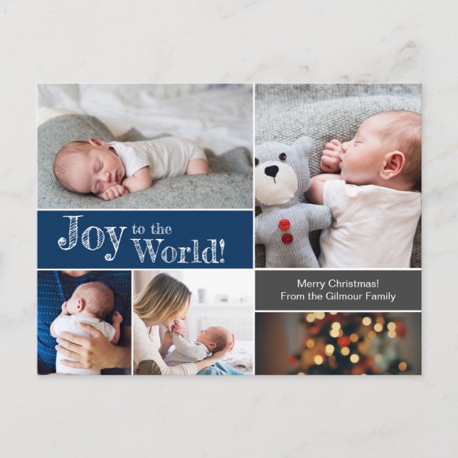 Blue Christmas Baby Joy to the world Photo collage Postcard (Front)