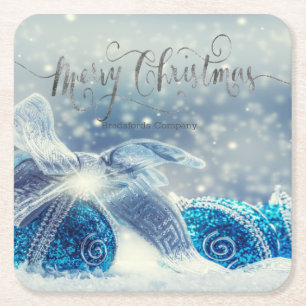 Blue Christmas Balls Bokeh Square Paper Coaster