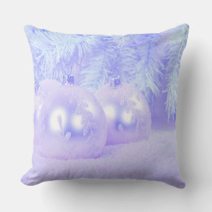 Blue Christmas Balls on Snow & Blue Background Cushion