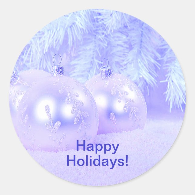 Blue  Christmas Balls on Snow with Blue Background Classic Round Sticker (Front)