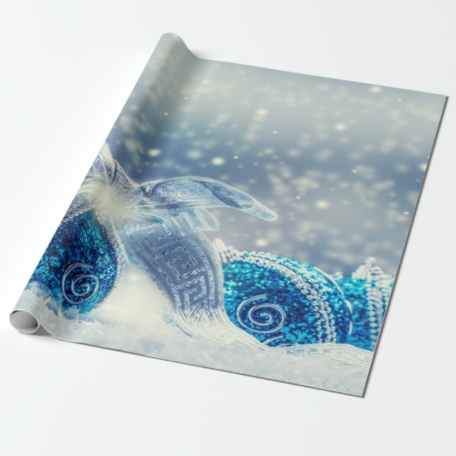 Blue Christmas Balls Snow Wrapping Paper (Unrolled)