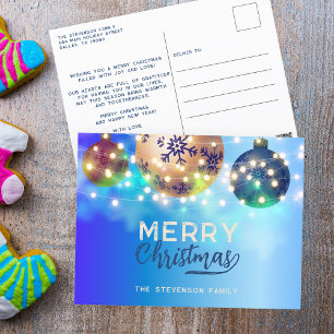 Blue Christmas Baubles Twinkling String Lights  Holiday Postcard