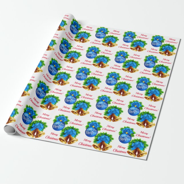 Blue Christmas Bell & Balls Wrapping Paper (Unrolled)