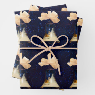 Blue Christmas Bells White Bow  Wrapping Paper Sheet