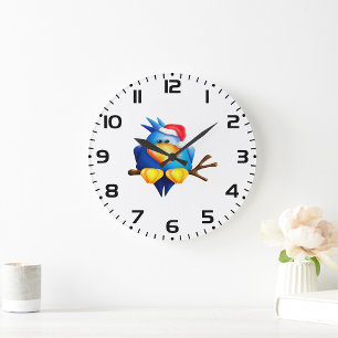 Blue Christmas Bird with Santa Hat Large Clock