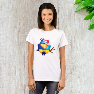 Blue Christmas Bird with Santa Hat T-Shirt