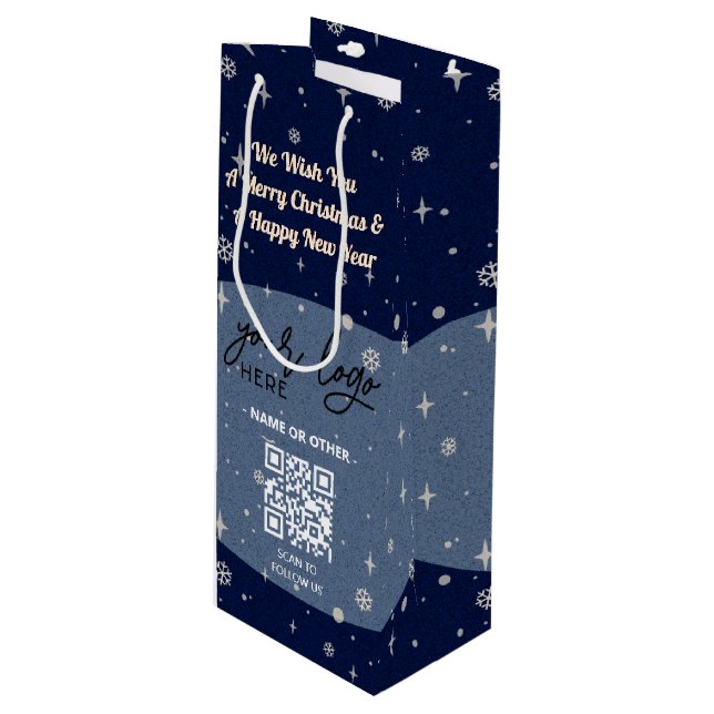 Blue Christmas Business Logo QR Snowflake Wine Gift Bag (Front Angled)