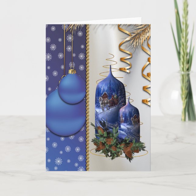 Blue Christmas Candles Holiday Card (Front)