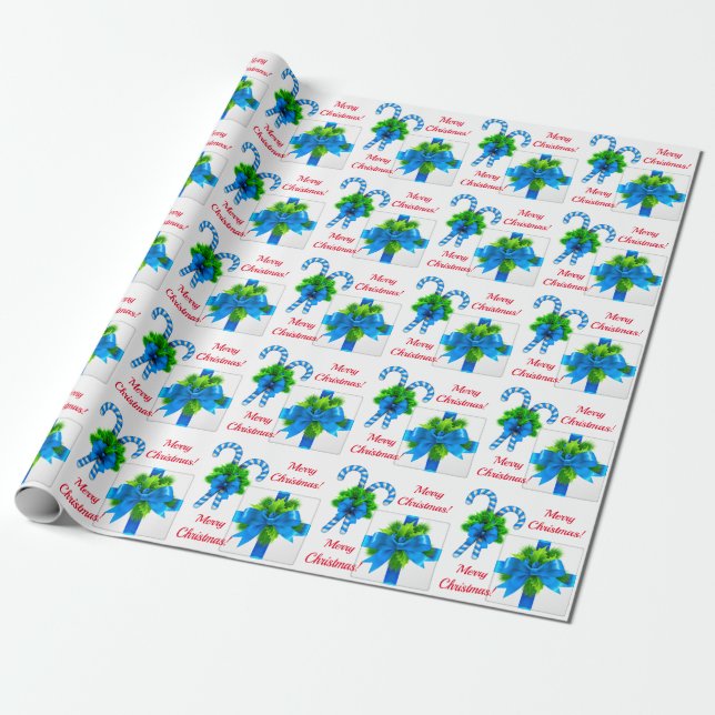 Blue Christmas Candy Cane & Gift Wrapping Paper (Unrolled)