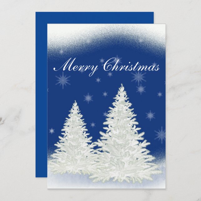 Blue Christmas card with white tree. (Front/Back)