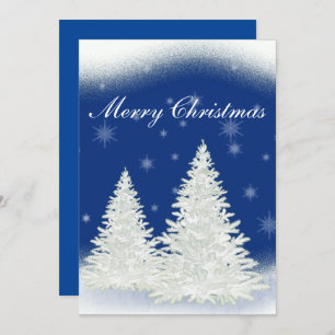 Blue Christmas card with white tree.